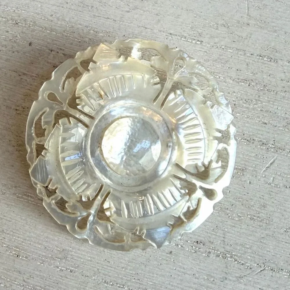 Vintage Hand Carved Mother of Pearl Floral Brooch Pin